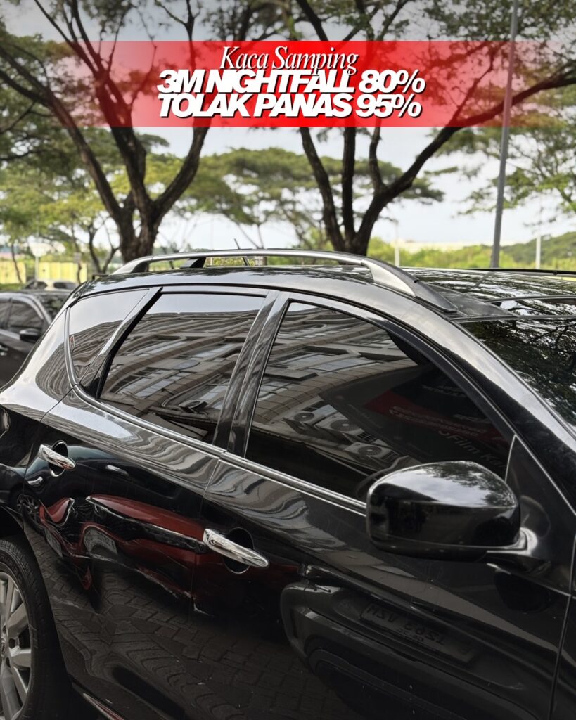 Penggunaan kaca film 3M Nightfall 80% (VLT 20%) di kaca samping Nissan Murano Kalatin Jakarta Selatan