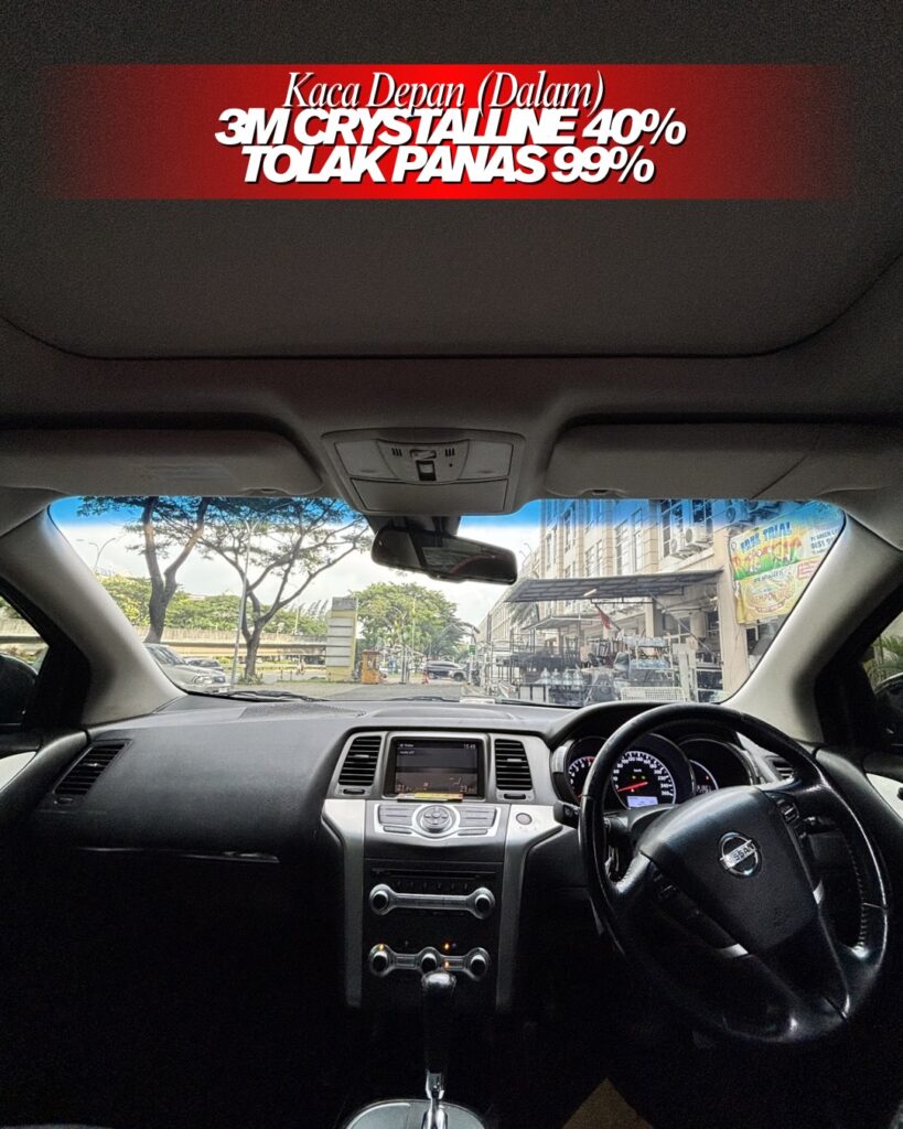 Penggunaan kaca film 3M Crystalline 40% (VLT 60%) di kaca depan Nissan Murano Kalatin Jakarta Selatan