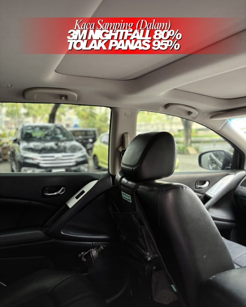 Penggunaan kaca film 3M Nightfall 80% (VLT 20%) di kaca samping Nissan Murano Kalatin Jakarta Selatan